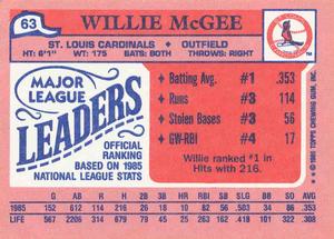 1986 Topps Major League Leaders Minis #63 Willie McGee Back