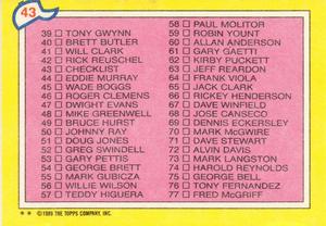 1989 Topps Major League Leaders Minis #43 Checklist Back