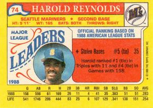 1989 Topps Major League Leaders Minis #74 Harold Reynolds Back