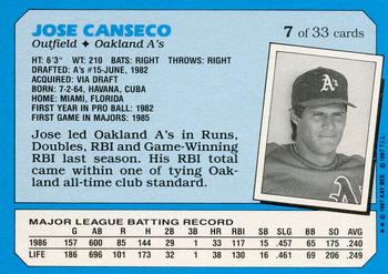 1987 Topps Kay-Bee Superstars of Baseball #7 Jose Canseco Back
