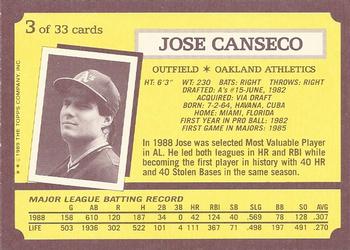 1989 Topps Kay-Bee Superstars of Baseball #3 Jose Canseco Back