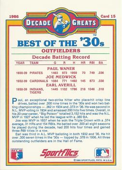 1986 Sportflics Decade Greats #15 Best 30's Outfielders (Paul Waner / Earl Averill / Ducky Medwick) Back