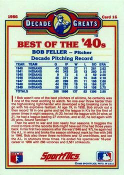 1986 Sportflics Decade Greats #16 Bob Feller Back