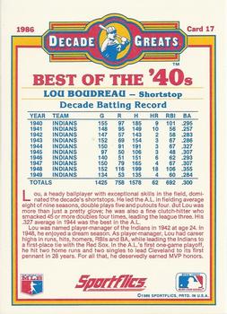 1986 Sportflics Decade Greats #17 Lou Boudreau Back