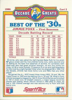 1986 Sportflics Decade Greats #2 Jimmie Foxx Back