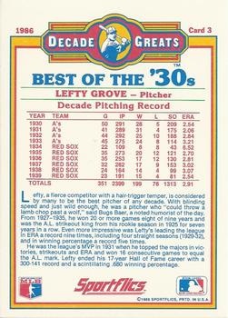 1986 Sportflics Decade Greats #3 Lefty Grove Back