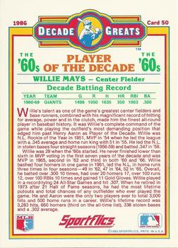 1986 Sportflics Decade Greats #50 Willie Mays Back