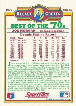 1986 Sportflics Decade Greats #56 Joe Morgan Back