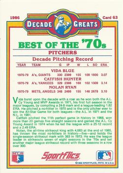 1986 Sportflics Decade Greats #63 Best 70's Pitchers (Vida Blue / Catfish Hunter / Nolan Ryan) Back