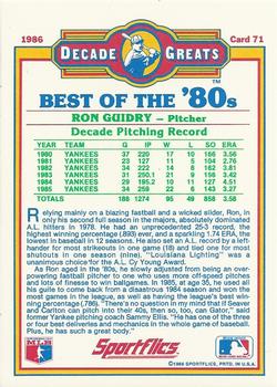 1986 Sportflics Decade Greats #71 Ron Guidry Back