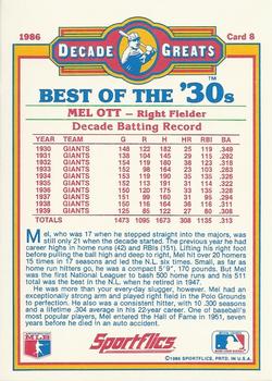 1986 Sportflics Decade Greats #8 Mel Ott Back