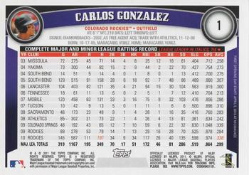 2011 Topps Opening Day #1 Carlos Gonzalez Back
