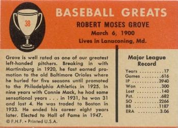 1961 Fleer Baseball Greats (F418-3) #38 Lefty Grove Back