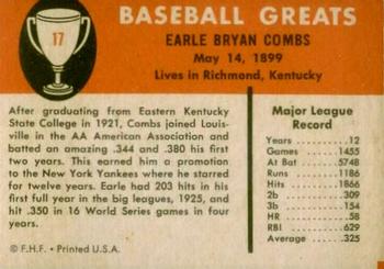 1961 Fleer Baseball Greats (F418-3) #17 Earle Combs Back