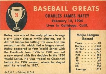 1961 Fleer Baseball Greats (F418-3) #39 Chick Hafey Back