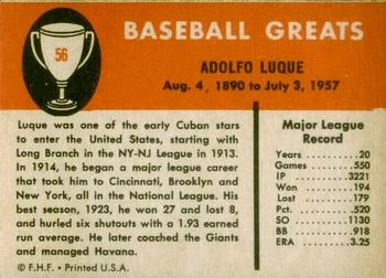1961 Fleer Baseball Greats (F418-3) #56 Dolf Luque Back