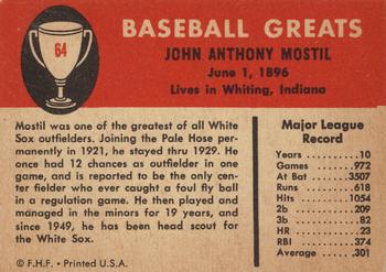 1961 Fleer Baseball Greats (F418-3) #64 Johnny Mostil Back