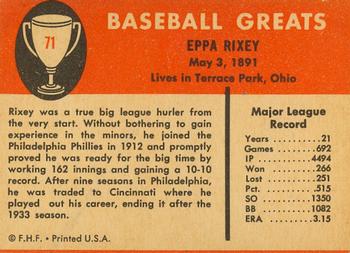 1961 Fleer Baseball Greats (F418-3) #71 Eppa Rixey Back