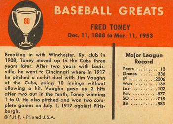 1961 Fleer Baseball Greats (F418-3) #80 Fred Toney Back