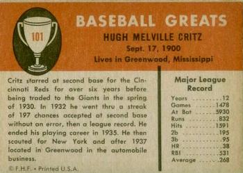 1961 Fleer Baseball Greats (F418-3) #101 Hughie Critz Back