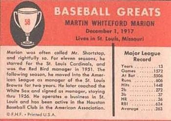 1961 Fleer Baseball Greats (F418-3) #58 Marty Marion Back