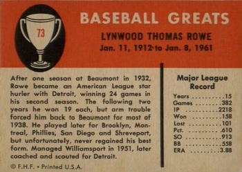 1961 Fleer Baseball Greats (F418-3) #73 Schoolboy Rowe Back