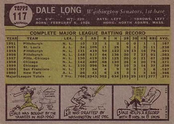 1961 Topps #117 Dale Long Back