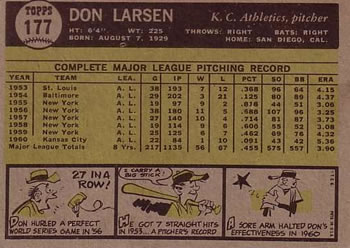 1961 Topps #177 Don Larsen Back