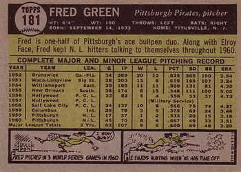1961 Topps #181 Fred Green Back