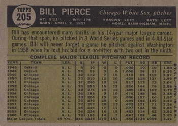 1961 Topps #205 Bill Pierce Back