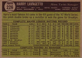 1961 Topps #226 Harry Lavagetto Back