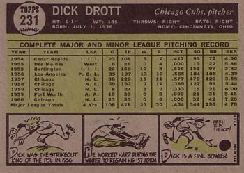 1961 Topps #231 Dick Drott Back