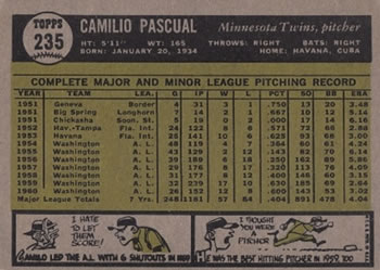 1961 Topps #235 Camilo Pascual Back