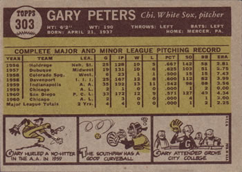 1961 Topps #303 Gary Peters Back