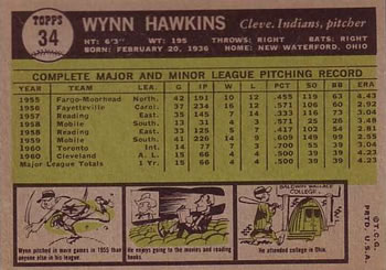 1961 Topps #34 Wynn Hawkins Back