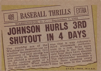 1961 Topps #409 Johnson Hurls 3rd Shutout in 4 Days Back