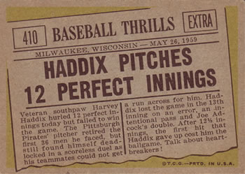 1961 Topps #410 Haddix Pitches 12 Perfect Innings Back