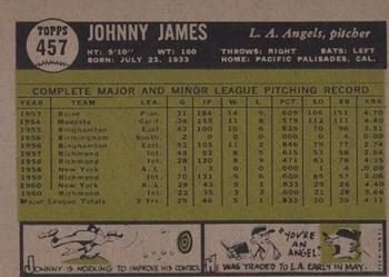 1961 Topps #457 Johnny James Back