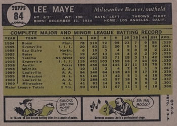 1961 Topps #84 Lee Maye Back