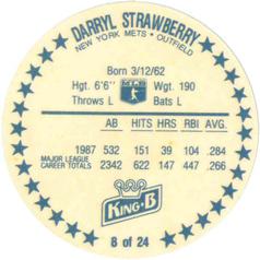 1988 King B Discs #8 Darryl Strawberry Back