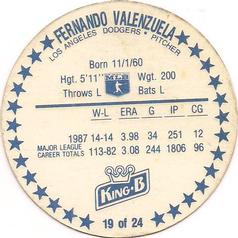 1988 King B Discs #19 Fernando Valenzuela Back