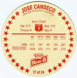 1989 King B Discs #17 Jose Canseco Back