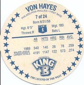 1990 King B Discs #7 Von Hayes Back
