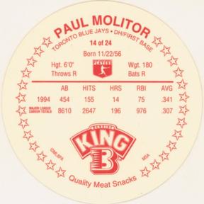 1995 King B Discs #14 Paul Molitor Back