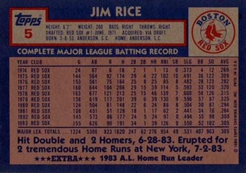 1984 Topps Super #5 Jim Rice Back