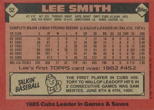 1986 Topps Super #52 Lee Smith Back