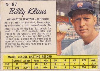 1962 Jell-O #67 Billy Klaus Front
