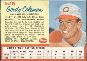 1962 Post Cereal #116 Gordy Coleman Front