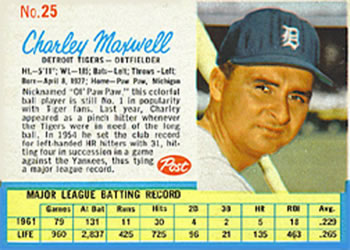 1962 Post Cereal #25 Charlie Maxwell Front