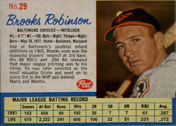 1962 Post Cereal #29 Brooks Robinson Front